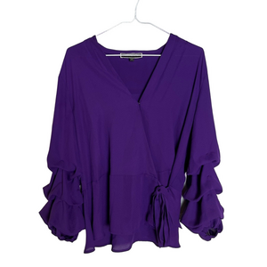 Melanie Lyne Purple Wrap Blouse 10 Ruffle Statement Sleeves Feminine Whimsy Boho
